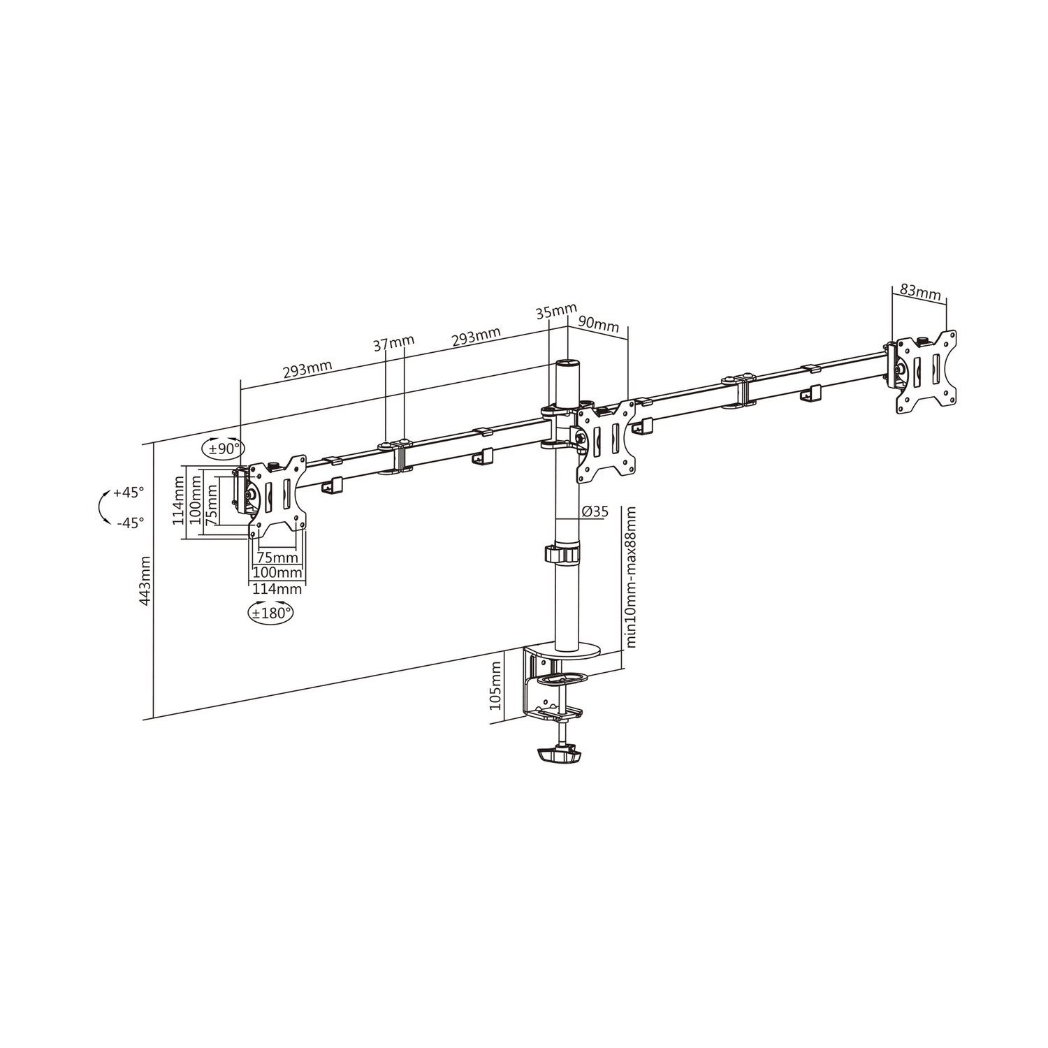 DT27TSR-061 - Soporte de mesa giratorio e inclinable para 3 Monitores  (13-27) - AISENS®