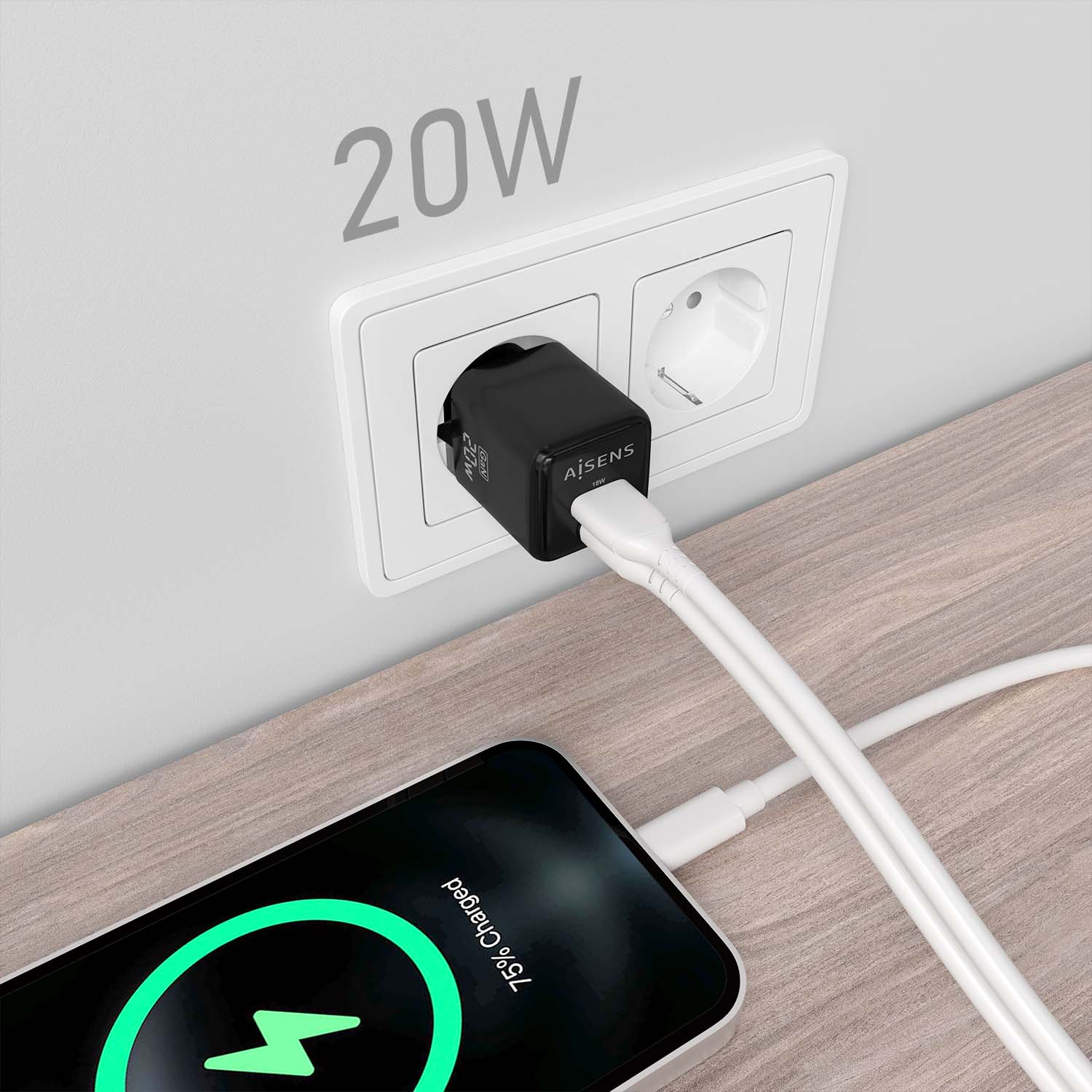 CARGADOR USB PARED AISENS GAN 20W USB-C PD3.0 NEGRO - miniatura 3