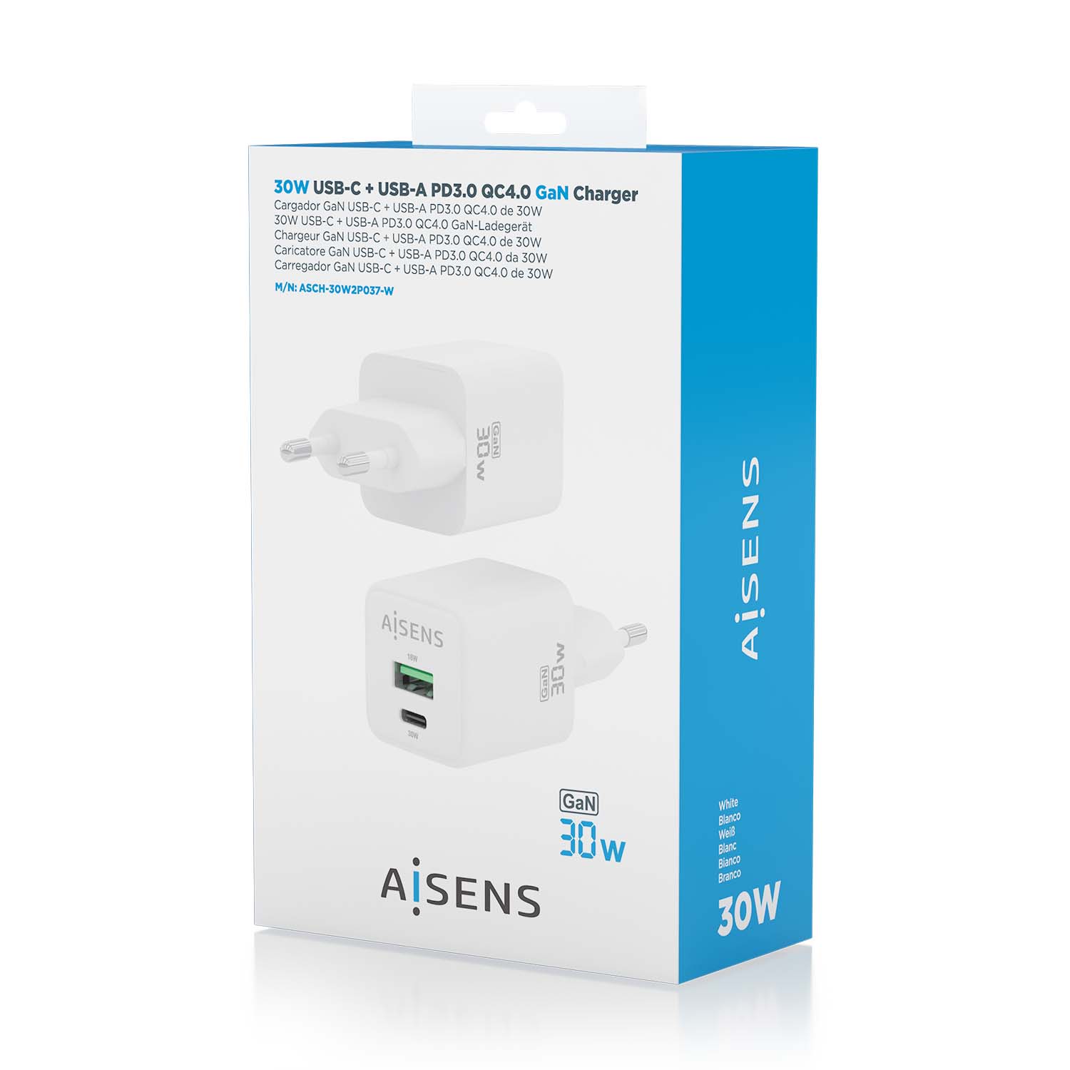 Aisens ASCH-30W2P047-BK Cargador GaN Ultra Slim 30W USB-C PD3.0 QC4.0 1xUSB-A QC3.0 Negro