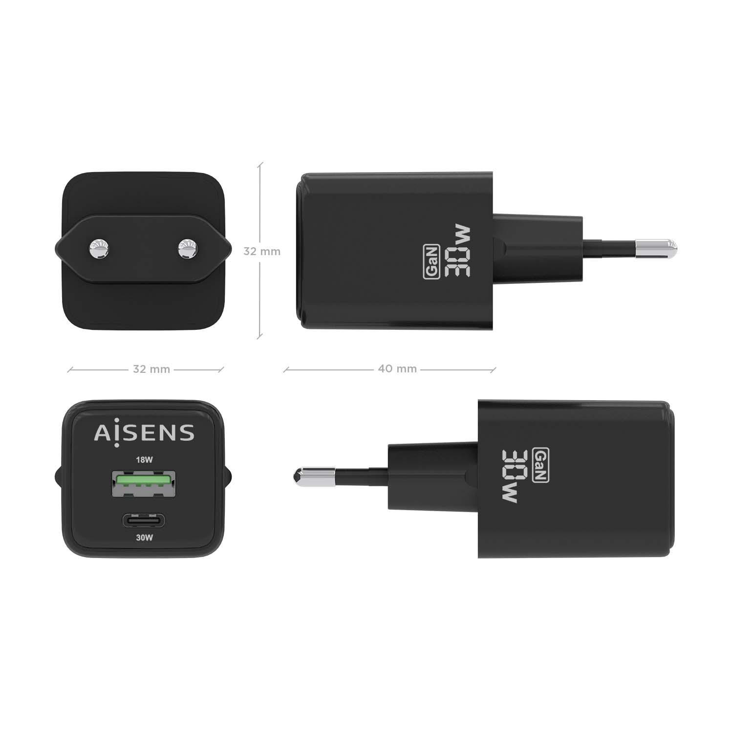 Caricatore AISENS GaN 30W Bianco Con 2 Porte USB-C PD3.0 E USB-A QC3.0, Ricarica Rapida Compatta
