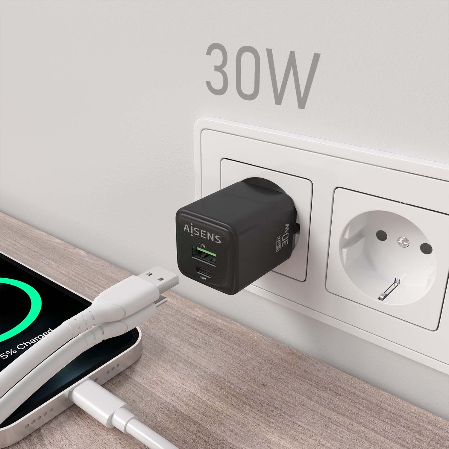 CARGADOR USB PARED AISENS GAN 30W USB-C PD3.0 NEGRO - miniatura 4
